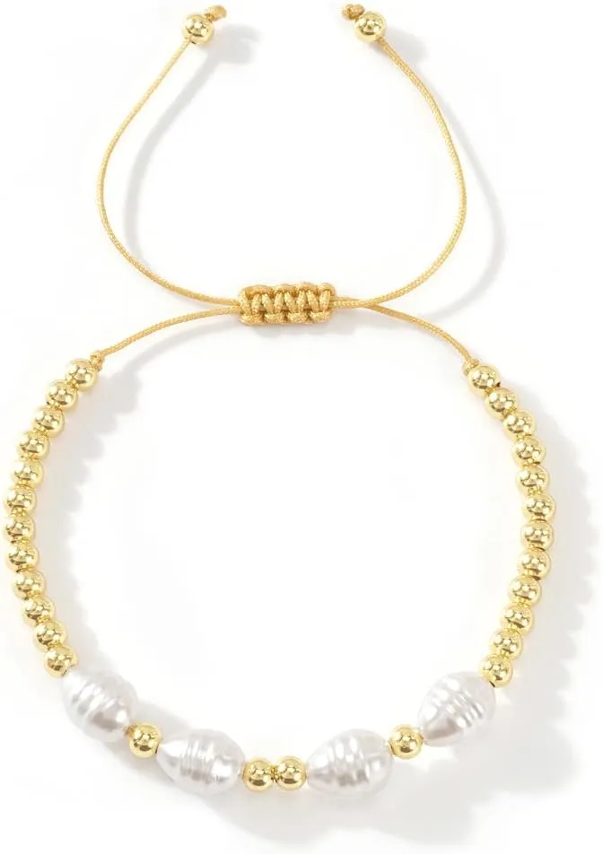 Dainty Gold Plated Beaded Pearl Adjustable Bracelet for Women,Handmade Elegant Irregular Pearl Bracelet Statement Trendy Jewelry Birthday Gift Mom Best Friend