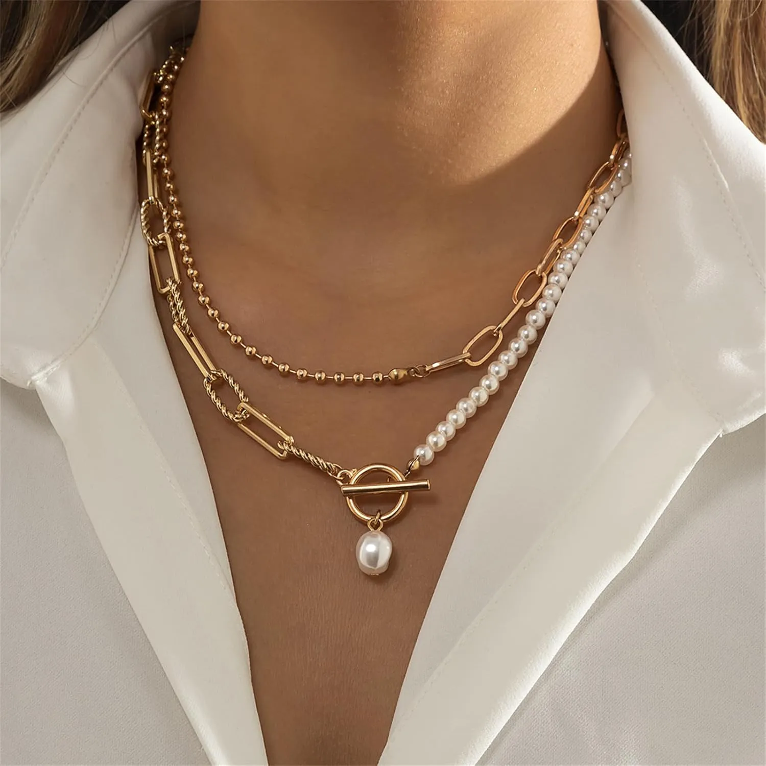 Dainty Layered Baroque Pearl OT Clasp Necklace for Women,Vintage Paperclip Pearl Chain Choker Necklace Adjustable Beaded Ball Chain Fashion Retro Charm Jewelry