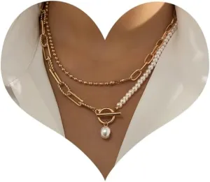 Dainty Layered Baroque Pearl OT Clasp Necklace for Women,Vintage Paperclip Pearl Chain Choker Necklace Adjustable Beaded Ball Chain Fashion Retro Charm Jewelry