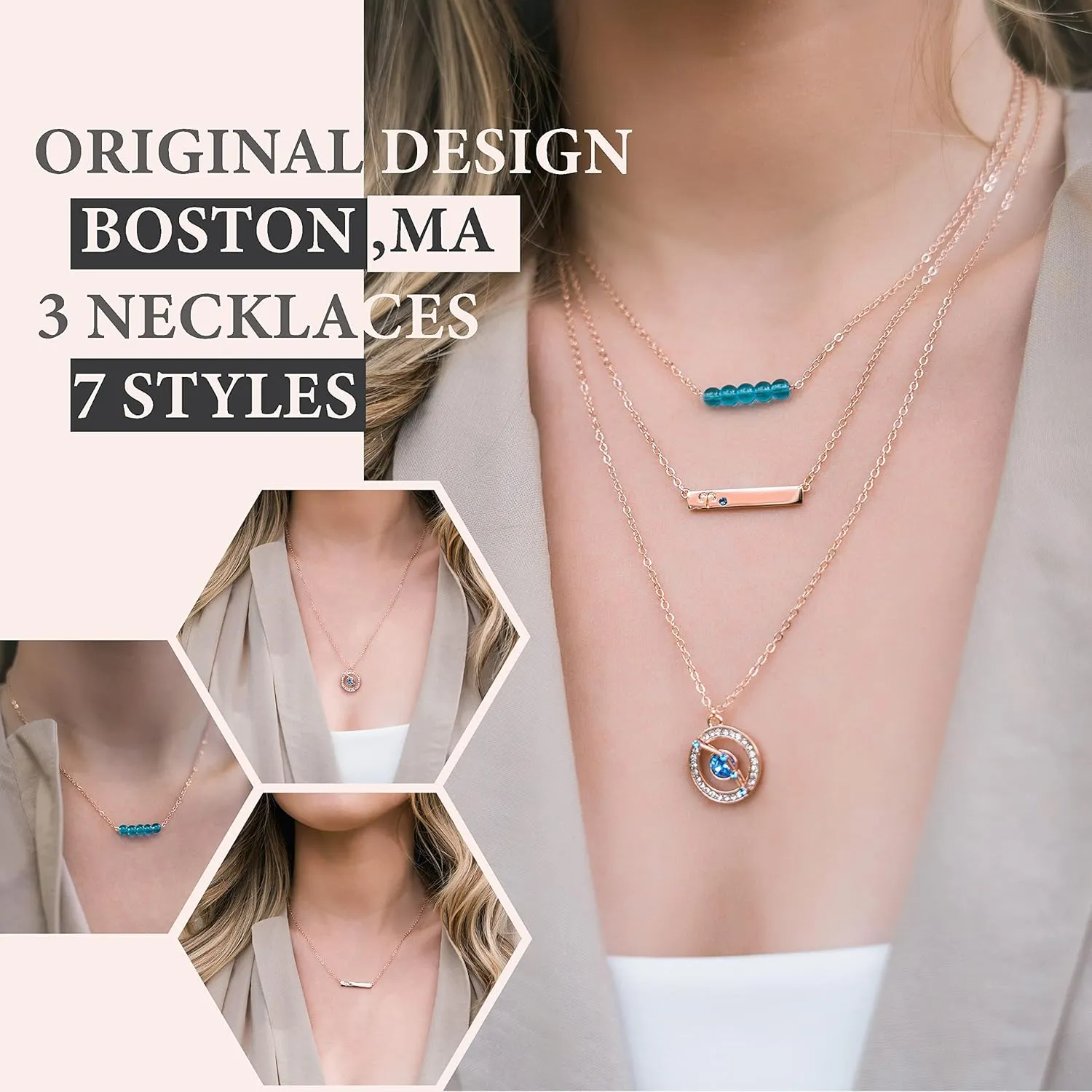 Dainty Layered Zodiac Necklaces for Women, 18K Rose Gold Plated, Bead Bar Y Pendant Multilayer Necklace, Birthstone Crystals Horoscope, Layering Minimalist Jewelry Birthday Gifts for Wife Mom