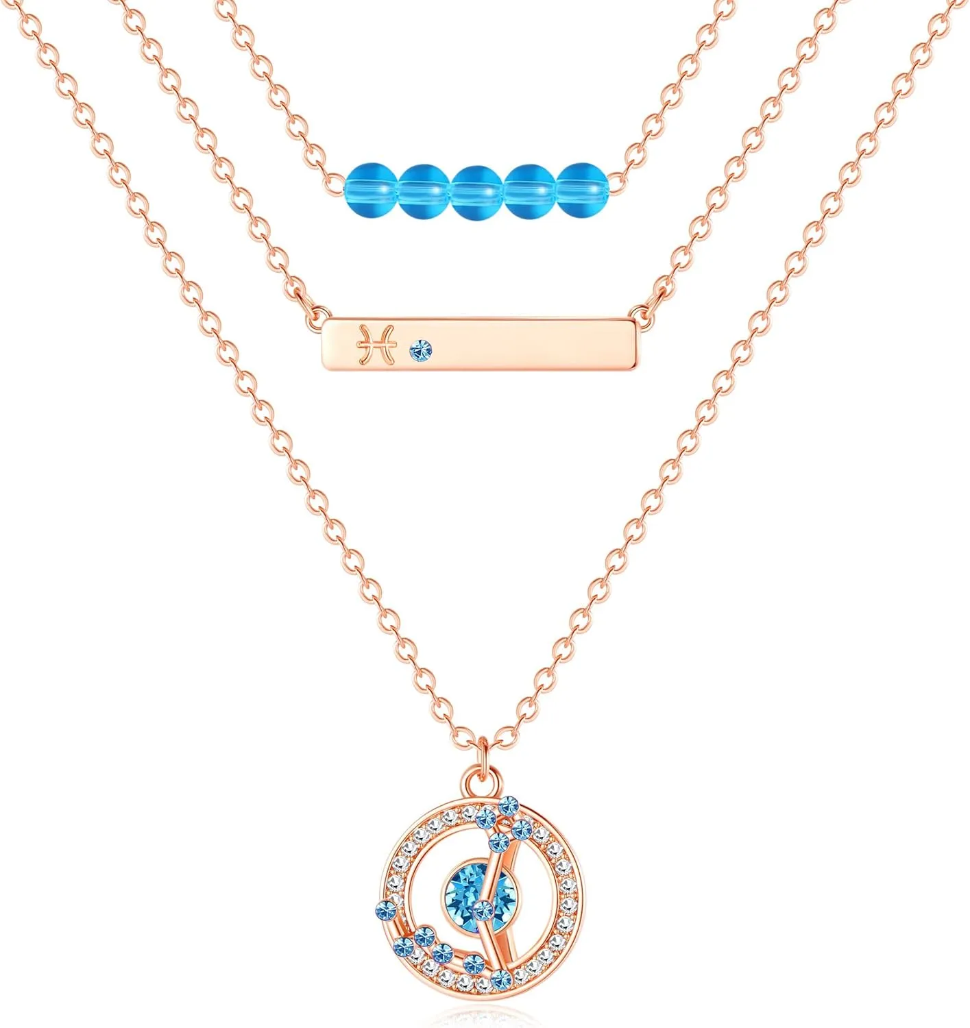 Dainty Layered Zodiac Necklaces for Women, 18K Rose Gold Plated, Bead Bar Y Pendant Multilayer Necklace, Birthstone Crystals Horoscope, Layering Minimalist Jewelry Birthday Gifts for Wife Mom