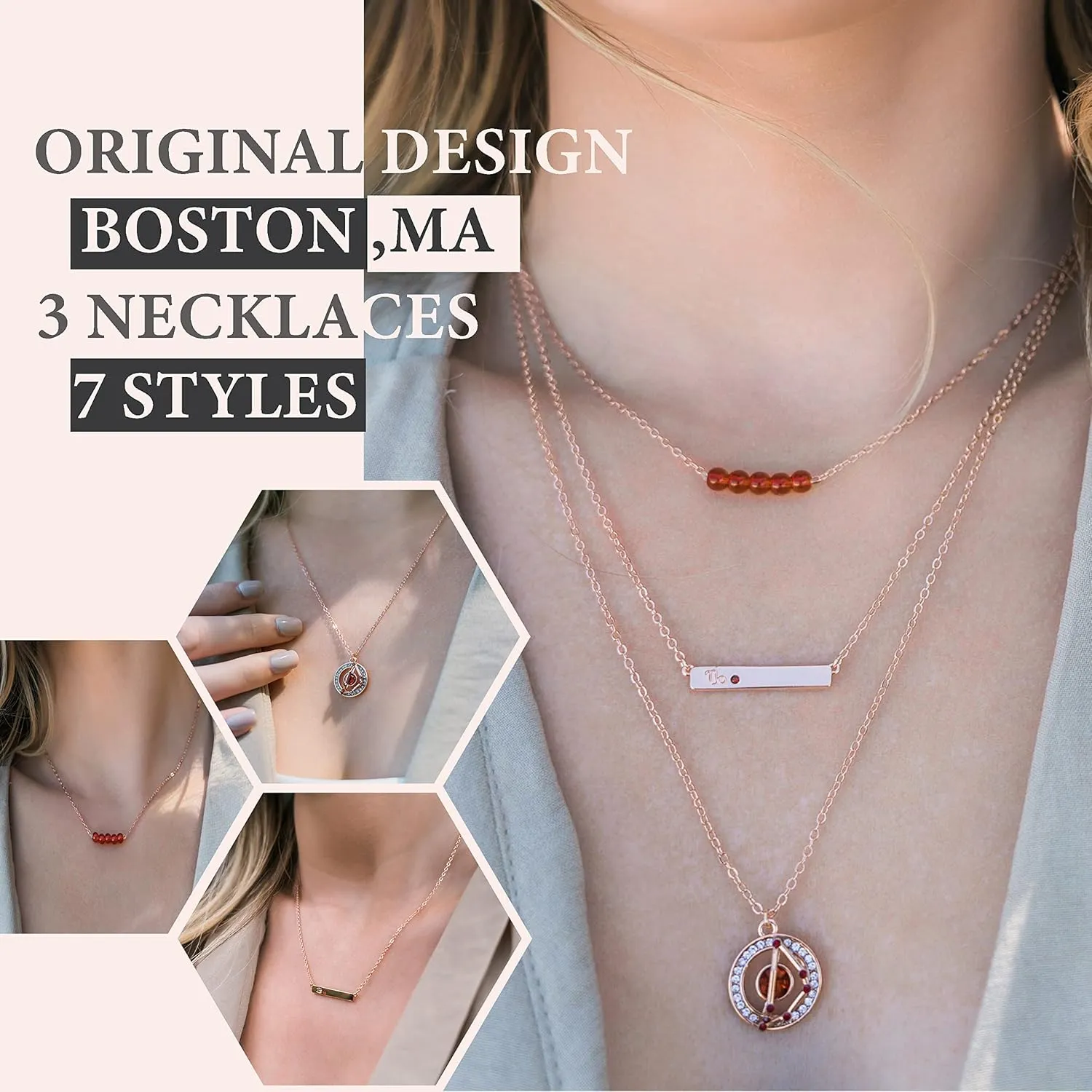 Dainty Layered Zodiac Necklaces for Women, 18K Rose Gold Plated, Bead Bar Y Pendant Multilayer Necklace, Birthstone Crystals Horoscope, Layering Minimalist Jewelry Birthday Gifts for Wife Mom