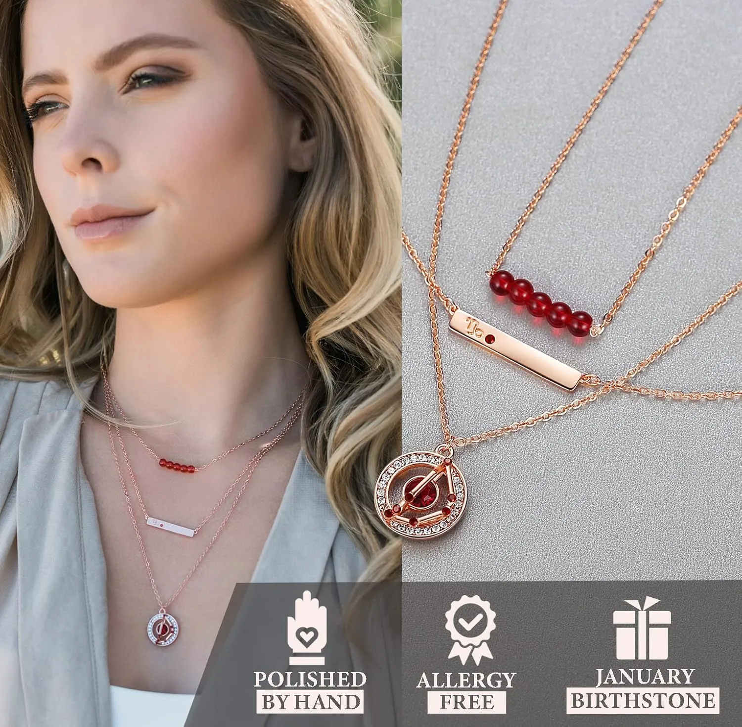 Dainty Layered Zodiac Necklaces for Women, 18K Rose Gold Plated, Bead Bar Y Pendant Multilayer Necklace, Birthstone Crystals Horoscope, Layering Minimalist Jewelry Birthday Gifts for Wife Mom