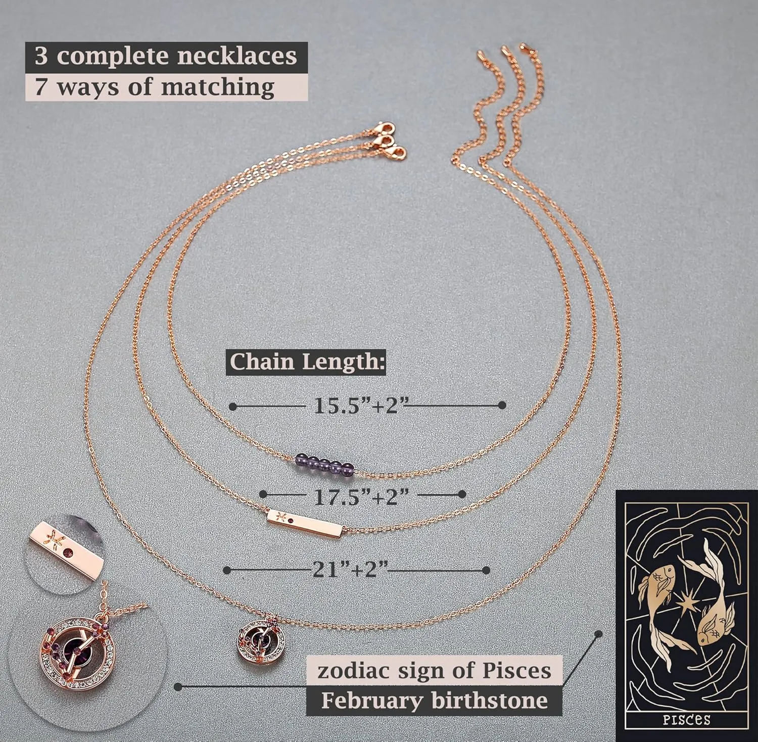 Dainty Layered Zodiac Necklaces for Women, 18K Rose Gold Plated, Bead Bar Y Pendant Multilayer Necklace, Birthstone Crystals Horoscope, Layering Minimalist Jewelry Birthday Gifts for Wife Mom