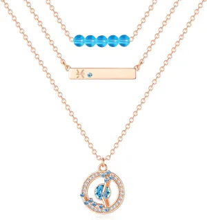 Dainty Layered Zodiac Necklaces for Women, 18K Rose Gold Plated, Bead Bar Y Pendant Multilayer Necklace, Birthstone Crystals Horoscope, Layering Minimalist Jewelry Birthday Gifts for Wife Mom