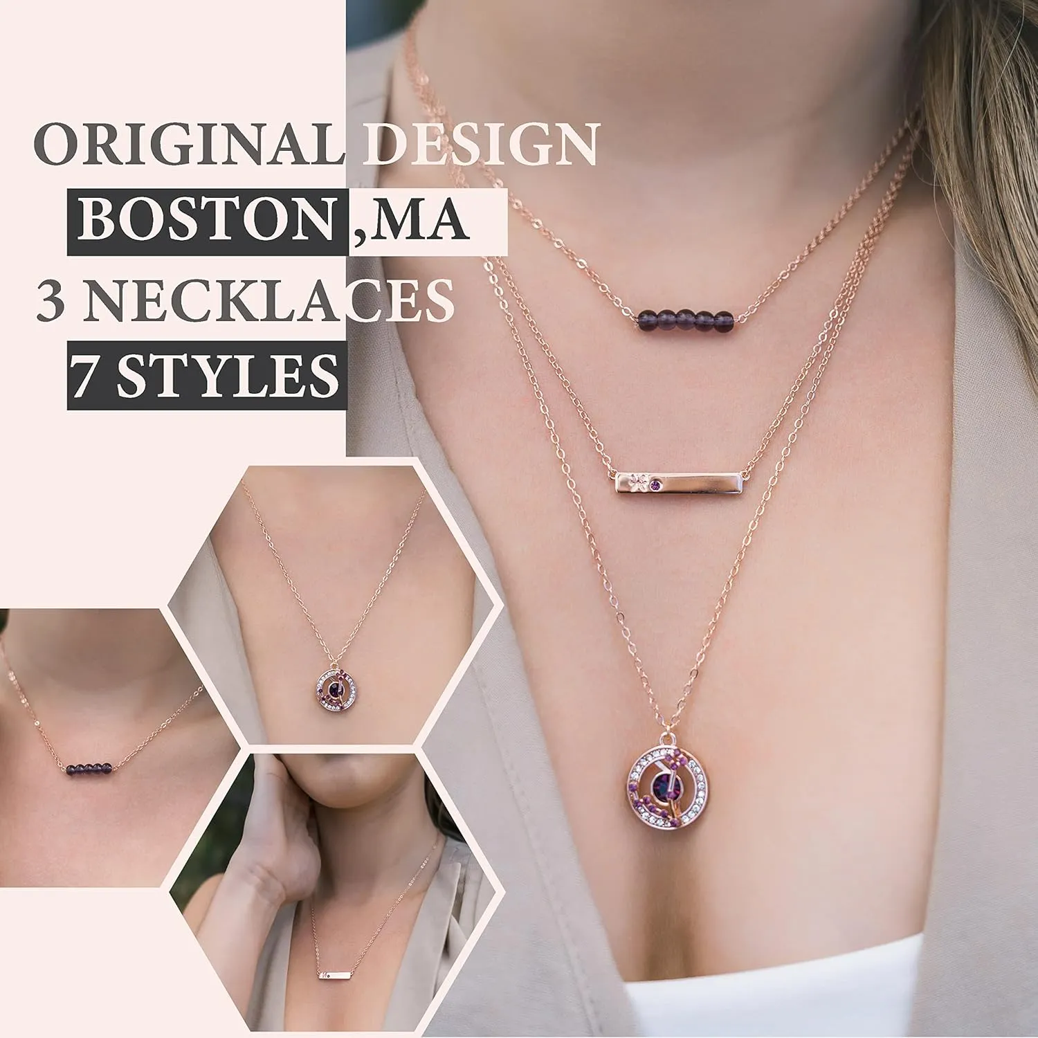 Dainty Layered Zodiac Necklaces for Women, 18K Rose Gold Plated, Bead Bar Y Pendant Multilayer Necklace, Birthstone Crystals Horoscope, Layering Minimalist Jewelry Birthday Gifts for Wife Mom