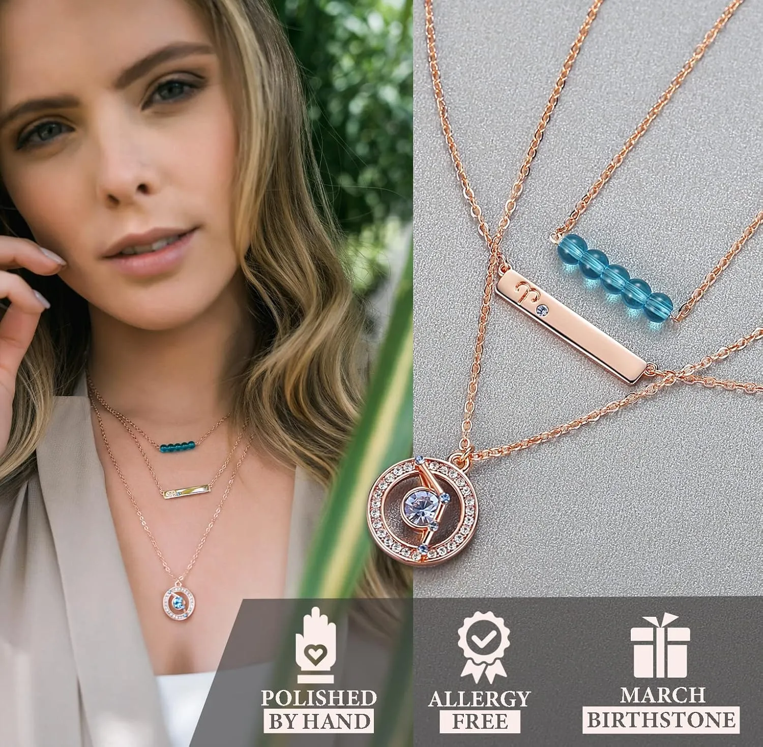 Dainty Layered Zodiac Necklaces for Women, 18K Rose Gold Plated, Bead Bar Y Pendant Multilayer Necklace, Birthstone Crystals Horoscope, Layering Minimalist Jewelry Birthday Gifts for Wife Mom
