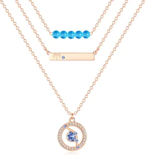 Dainty Layered Zodiac Necklaces for Women, 18K Rose Gold Plated, Bead Bar Y Pendant Multilayer Necklace, Birthstone Crystals Horoscope, Layering Minimalist Jewelry Birthday Gifts for Wife Mom
