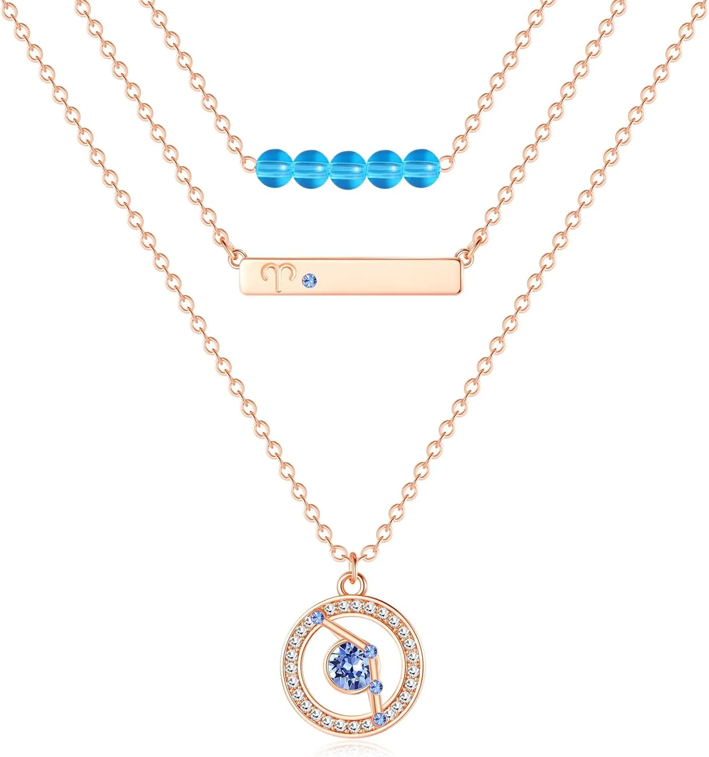 Dainty Layered Zodiac Necklaces for Women, 18K Rose Gold Plated, Bead Bar Y Pendant Multilayer Necklace, Birthstone Crystals Horoscope, Layering Minimalist Jewelry Birthday Gifts for Wife Mom