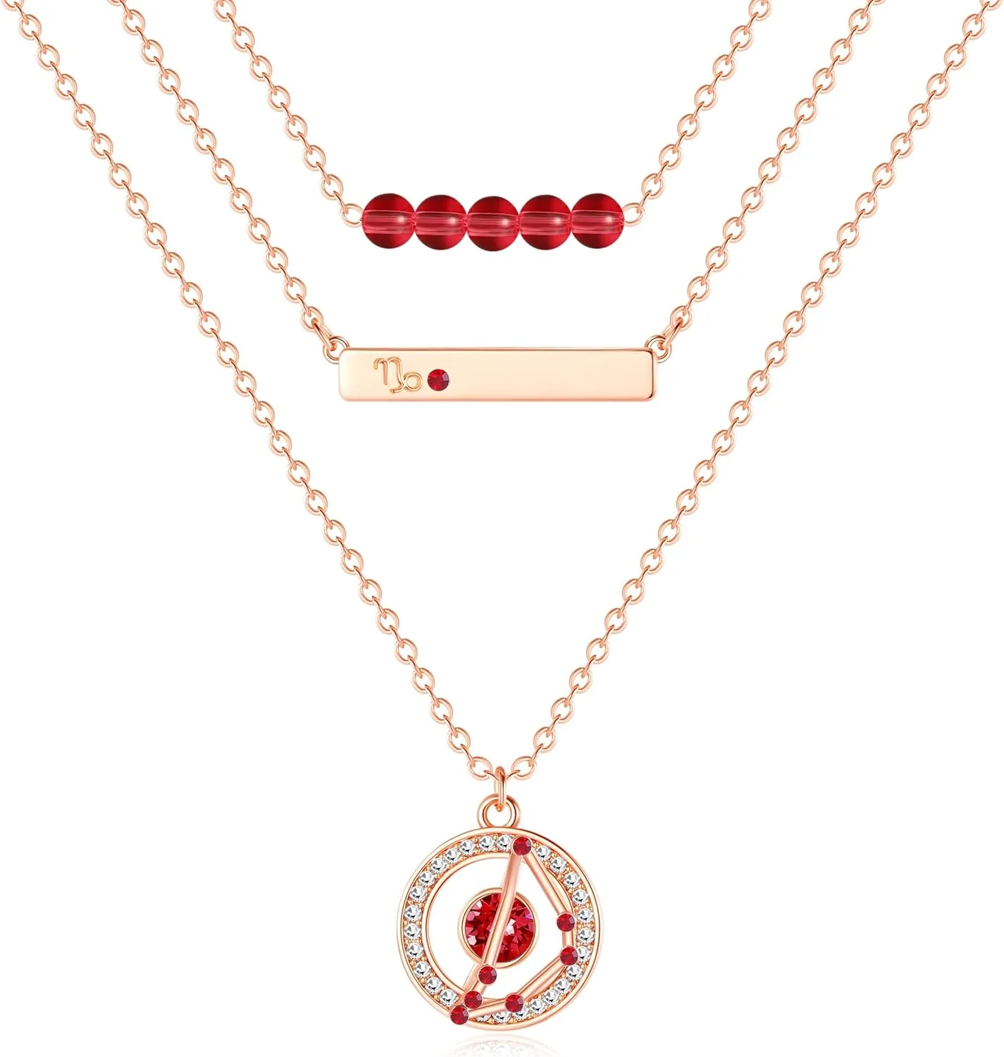 Dainty Layered Zodiac Necklaces for Women, 18K Rose Gold Plated, Bead Bar Y Pendant Multilayer Necklace, Birthstone Crystals Horoscope, Layering Minimalist Jewelry Birthday Gifts for Wife Mom