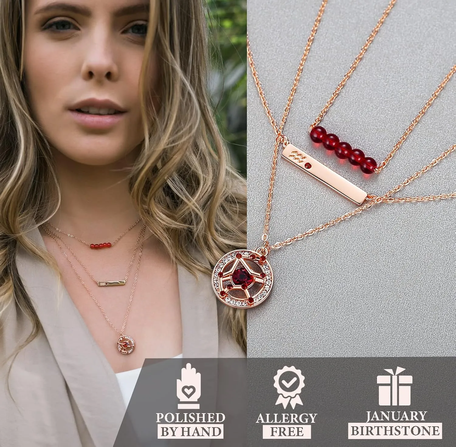 Dainty Layered Zodiac Necklaces for Women, 18K Rose Gold Plated, Bead Bar Y Pendant Multilayer Necklace, Birthstone Crystals Horoscope, Layering Minimalist Jewelry Birthday Gifts for Wife Mom