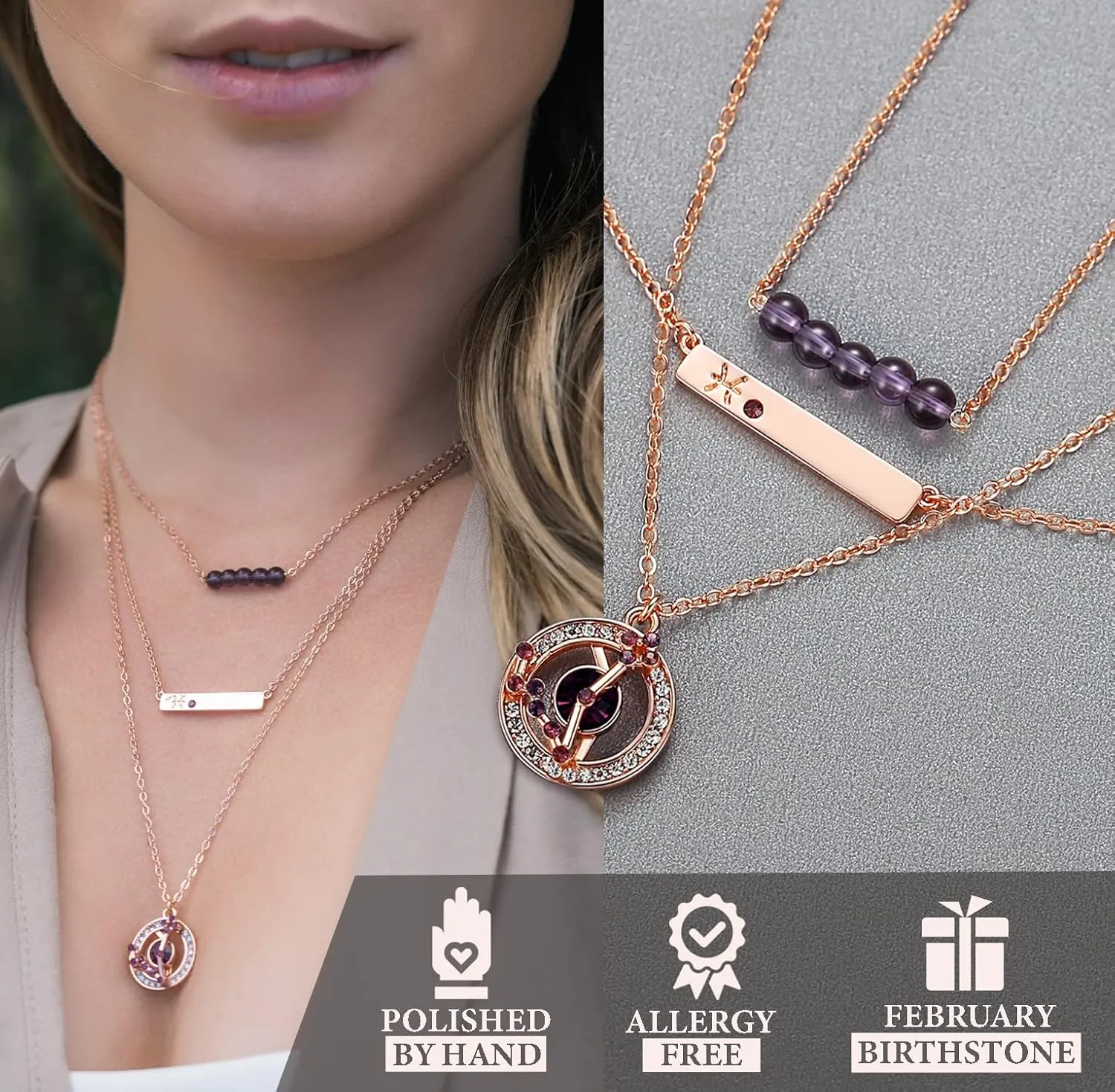 Dainty Layered Zodiac Necklaces for Women, 18K Rose Gold Plated, Bead Bar Y Pendant Multilayer Necklace, Birthstone Crystals Horoscope, Layering Minimalist Jewelry Birthday Gifts for Wife Mom