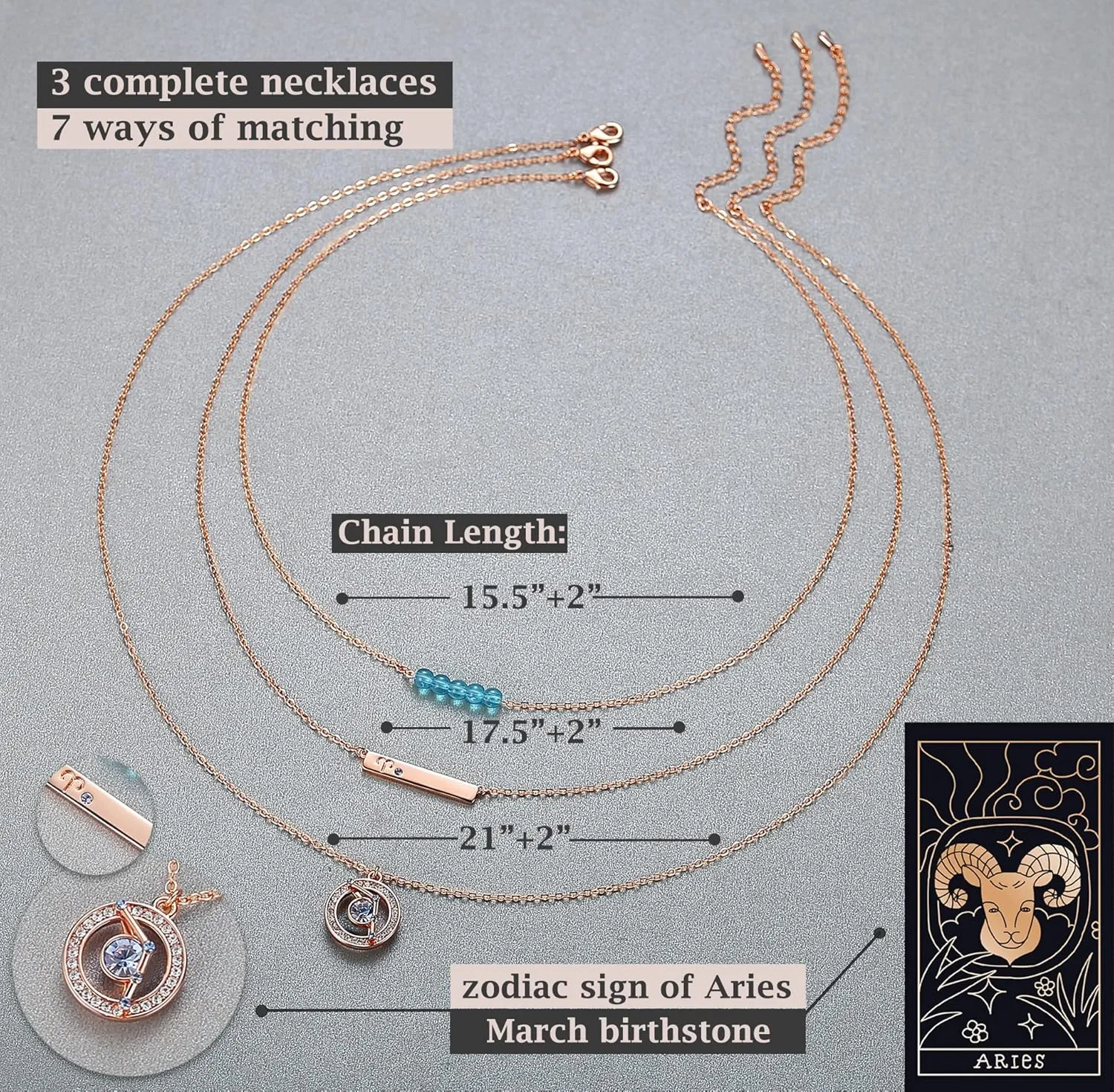 Dainty Layered Zodiac Necklaces for Women, 18K Rose Gold Plated, Bead Bar Y Pendant Multilayer Necklace, Birthstone Crystals Horoscope, Layering Minimalist Jewelry Birthday Gifts for Wife Mom