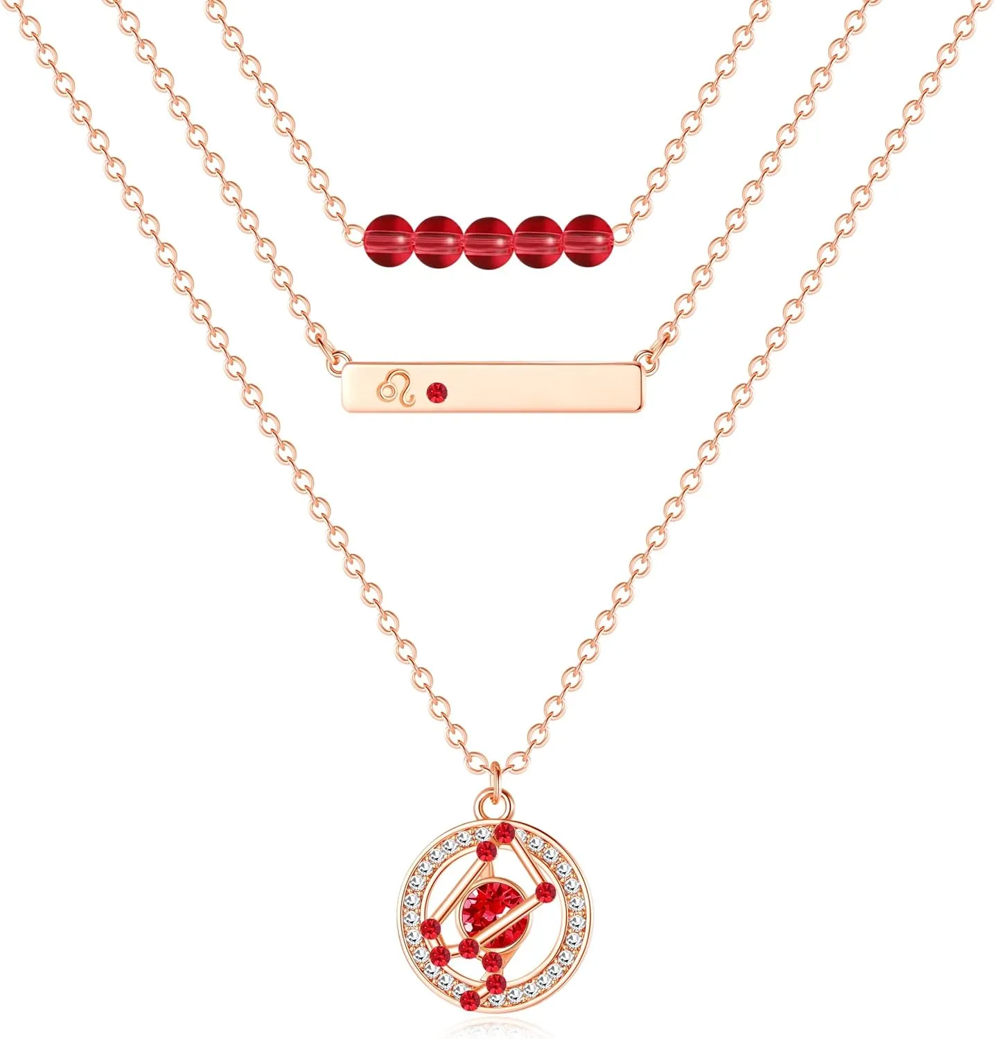Dainty Layered Zodiac Necklaces for Women, 18K Rose Gold Plated, Bead Bar Y Pendant Multilayer Necklace, Birthstone Crystals Horoscope, Layering Minimalist Jewelry Birthday Gifts for Wife Mom