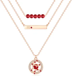 Dainty Layered Zodiac Necklaces for Women, 18K Rose Gold Plated, Bead Bar Y Pendant Multilayer Necklace, Birthstone Crystals Horoscope, Layering Minimalist Jewelry Birthday Gifts for Wife Mom