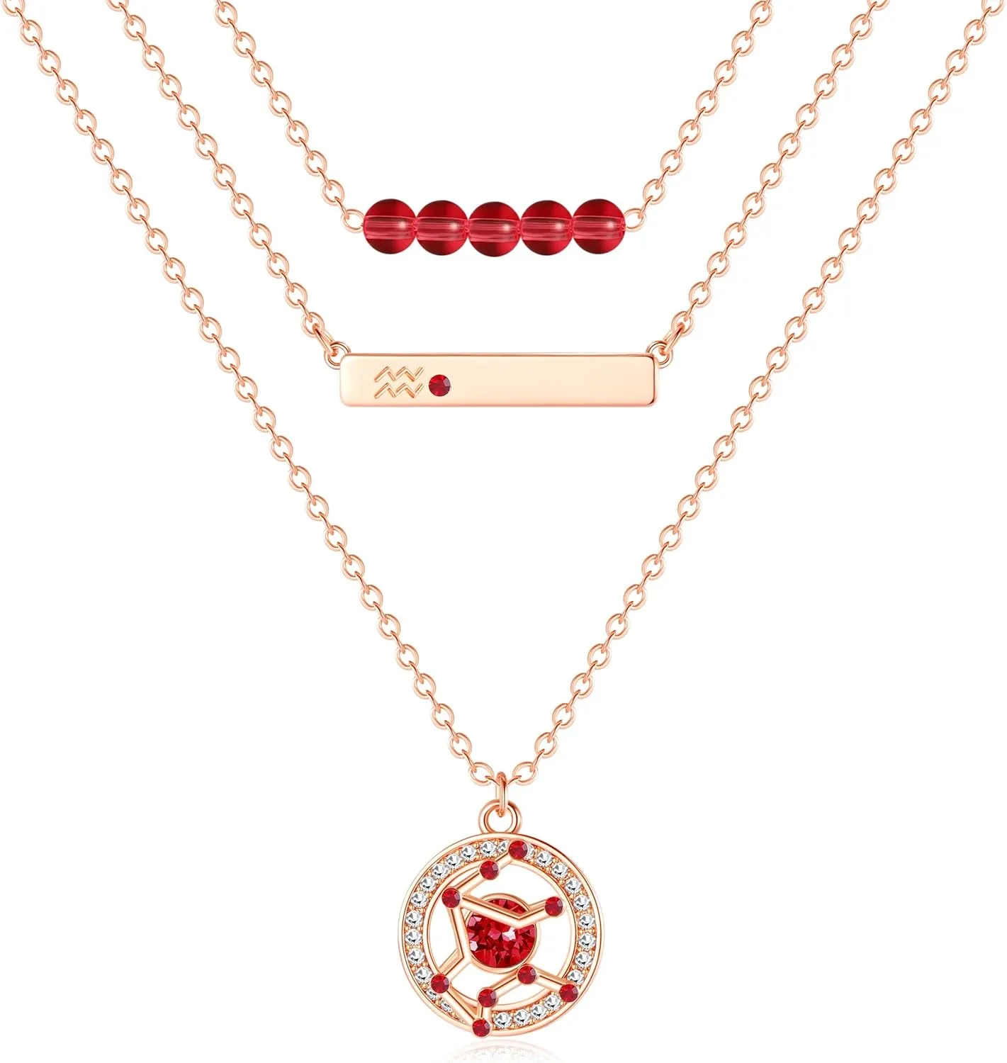 Dainty Layered Zodiac Necklaces for Women, 18K Rose Gold Plated, Bead Bar Y Pendant Multilayer Necklace, Birthstone Crystals Horoscope, Layering Minimalist Jewelry Birthday Gifts for Wife Mom