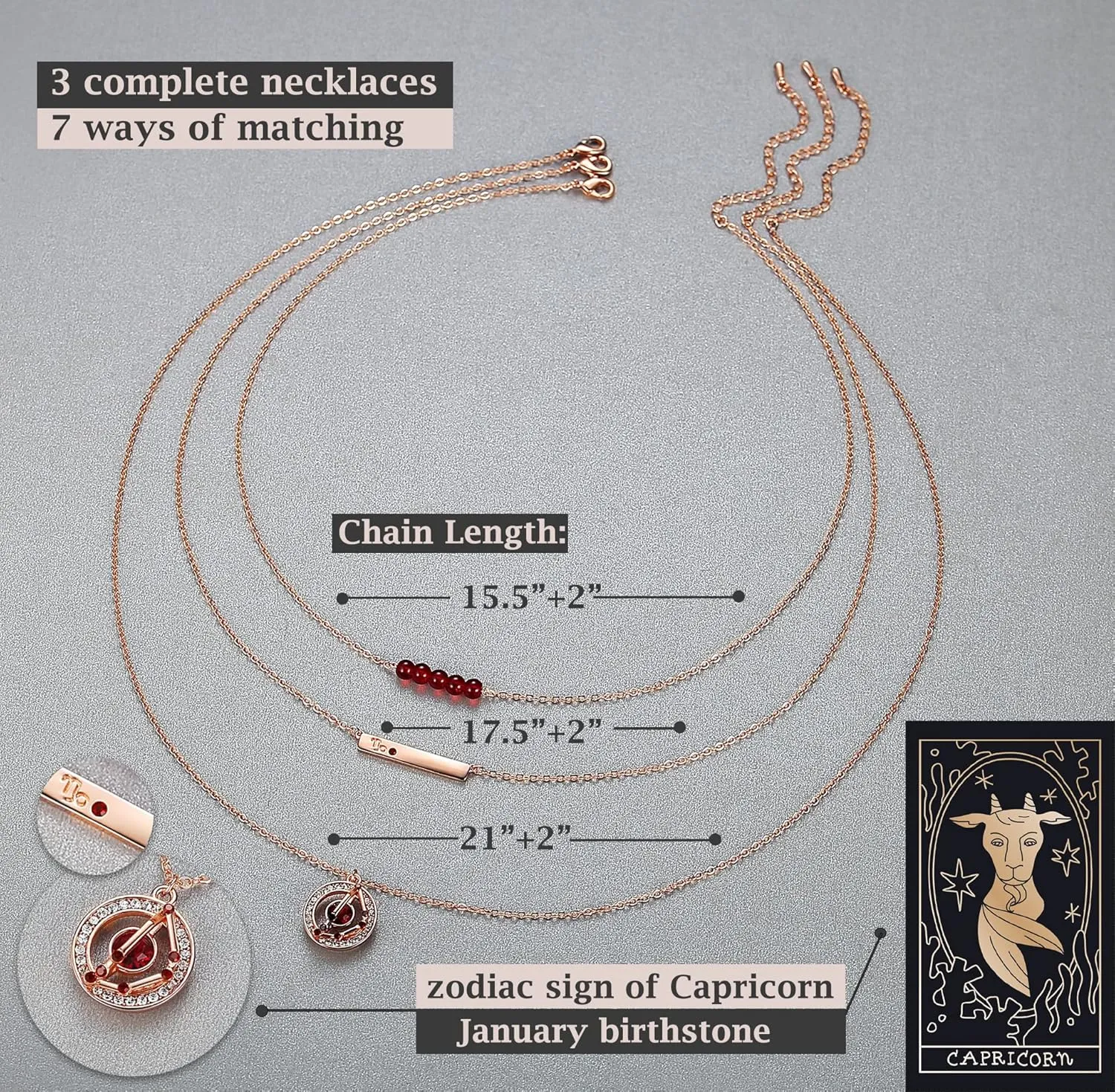 Dainty Layered Zodiac Necklaces for Women, 18K Rose Gold Plated, Bead Bar Y Pendant Multilayer Necklace, Birthstone Crystals Horoscope, Layering Minimalist Jewelry Birthday Gifts for Wife Mom