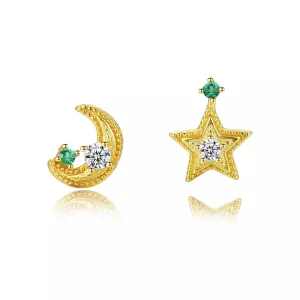 Dainty Minimalist Gold Moon and Star Tiny Stud Earrings 925 Sterling Silver 14k Gold Plated & Cubic Zirconia Women's Earrings - Hypoallergenic Safe for Sensitive Ears - USA HANDMADE