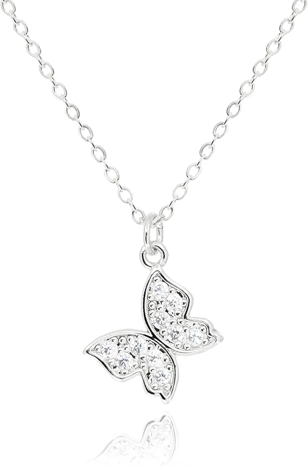 Dainty Sideways Butterfly Pendant Necklace for Women Rhodium Silver Cubic Zirconia Small Butterfly Charm Necklace Stainless Steel Jewelry Christmas Gifts [BFN-SW-S]