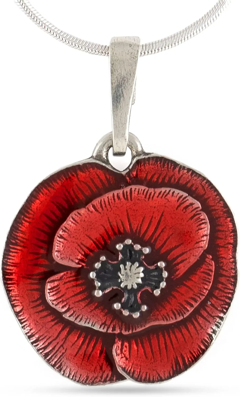 DANFORTH - Remembrance Poppy Snake Chain Necklace (Red)  Handcrafted Pewter Memorial Necklace  18  Made In USA