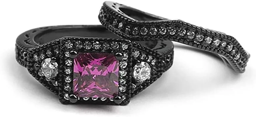 Danielle Wedding Ring Set for Women by Ginger Lyne | Black Plated Engagement Ring for Women | Black Purple Pink or Blue Cubic Zirconia Wedding Band Gothic Birthstone Bridal Jewelry