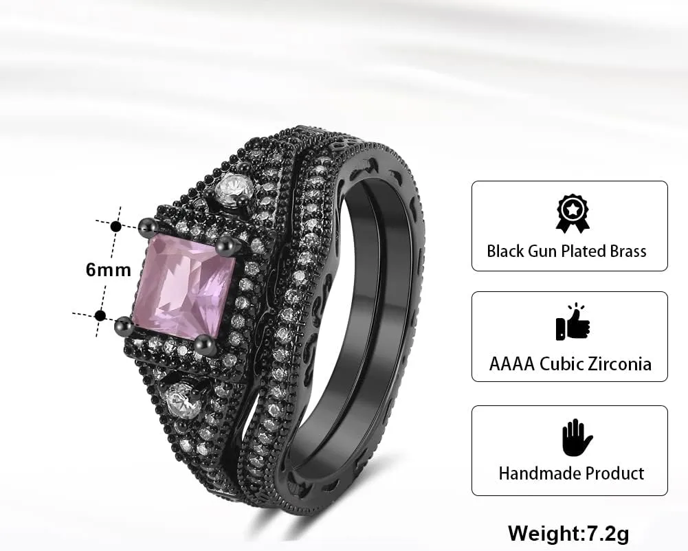 Danielle Wedding Ring Set for Women by Ginger Lyne | Black Plated Engagement Ring for Women | Black Purple Pink or Blue Cubic Zirconia Wedding Band Gothic Birthstone Bridal Jewelry