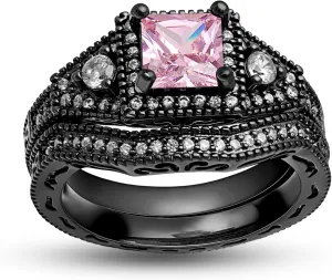 Danielle Wedding Ring Set for Women by Ginger Lyne | Black Plated Engagement Ring for Women | Black Purple Pink or Blue Cubic Zirconia Wedding Band Gothic Birthstone Bridal Jewelry