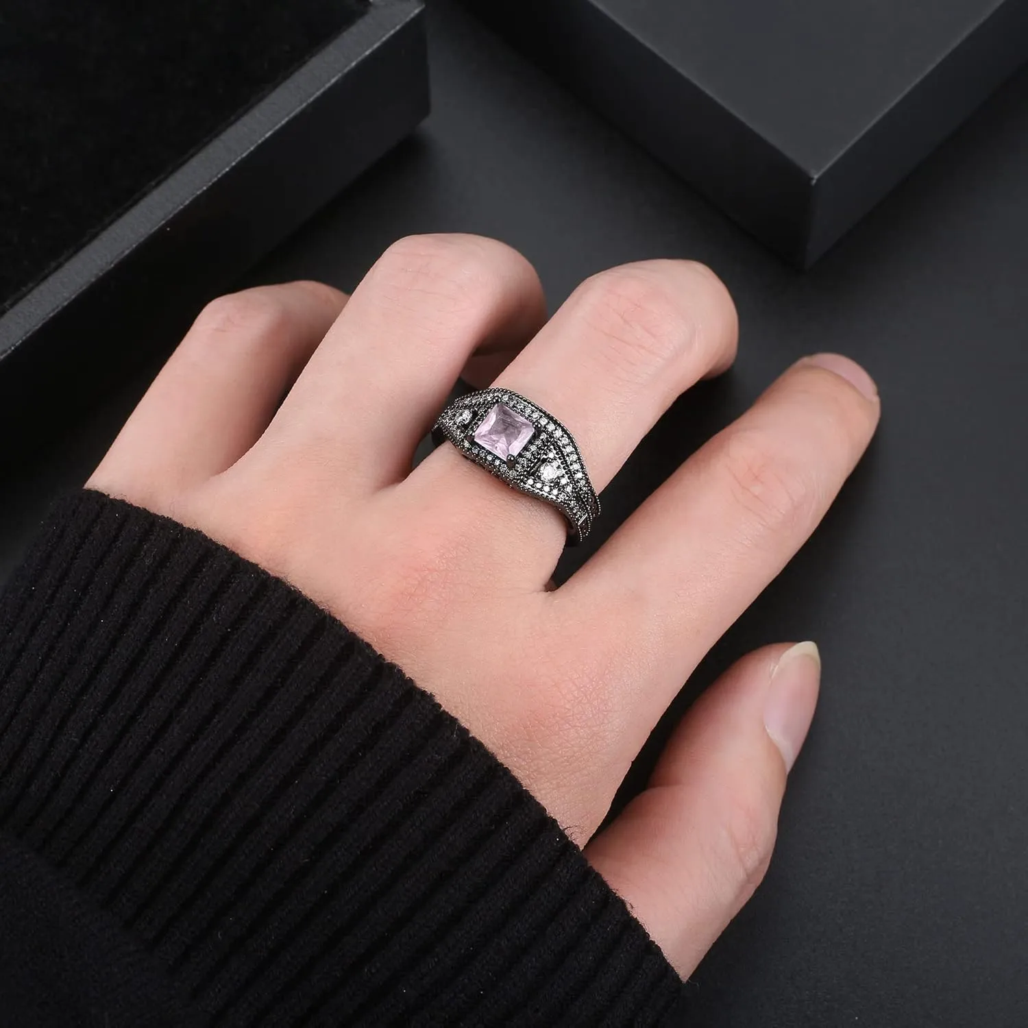 Danielle Wedding Ring Set for Women by Ginger Lyne | Black Plated Engagement Ring for Women | Black Purple Pink or Blue Cubic Zirconia Wedding Band Gothic Birthstone Bridal Jewelry