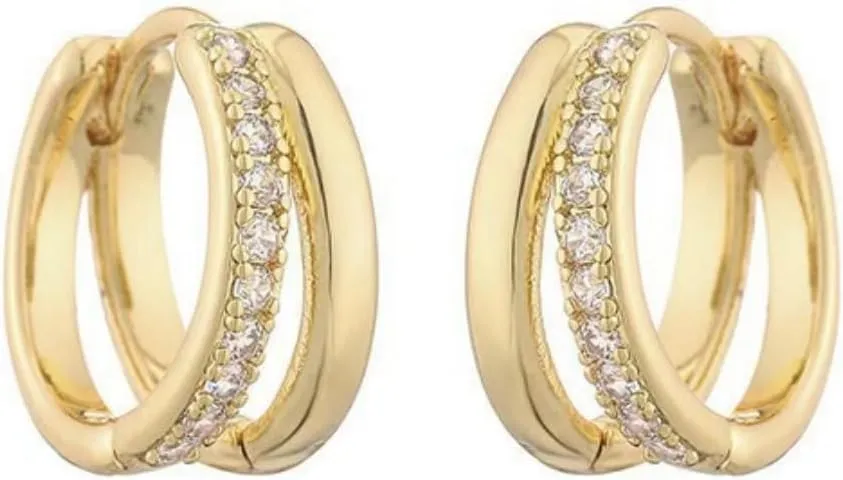 Delicate double hoop hollow zirconia earrings 14K thick golden plating light luxury niche design models Dating must-have