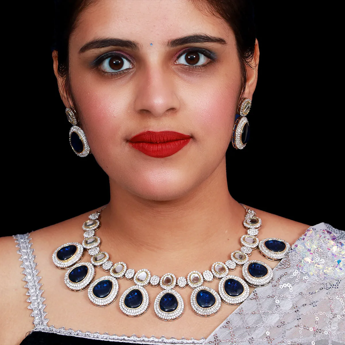 Designer Semi-Precious American Diamond & Blue Necklace with Earrings (D482)