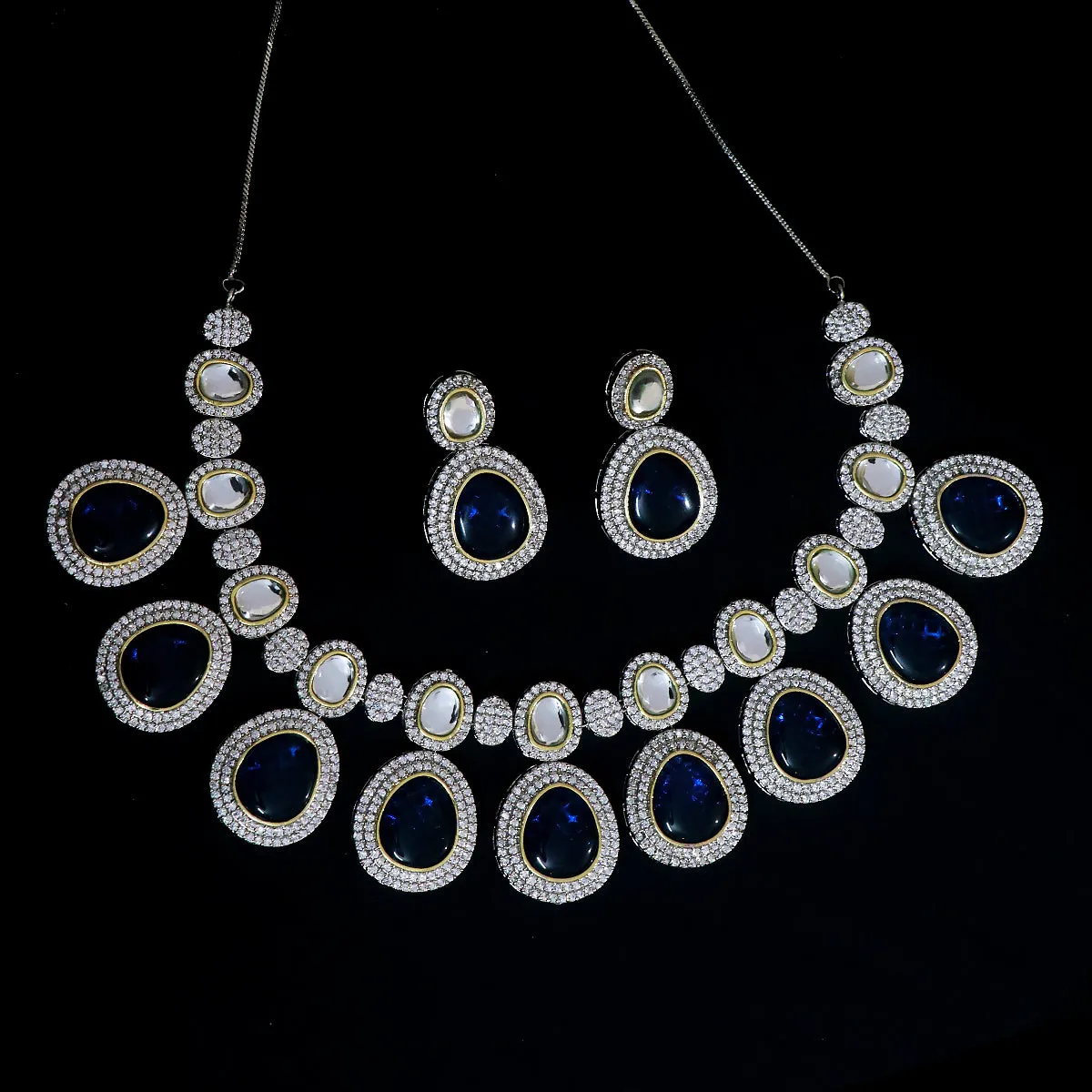 Designer Semi-Precious American Diamond & Blue Necklace with Earrings (D482)