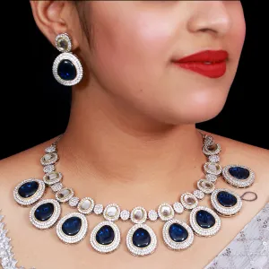 Designer Semi-Precious American Diamond & Blue Necklace with Earrings (D482)