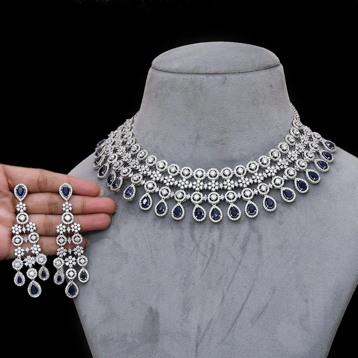 Designer Semi-Precious American Diamond & Blue Sapphire Necklace with Earrings (D463)