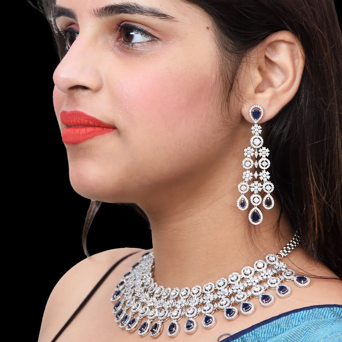 Designer Semi-Precious American Diamond & Blue Sapphire Necklace with Earrings (D463)
