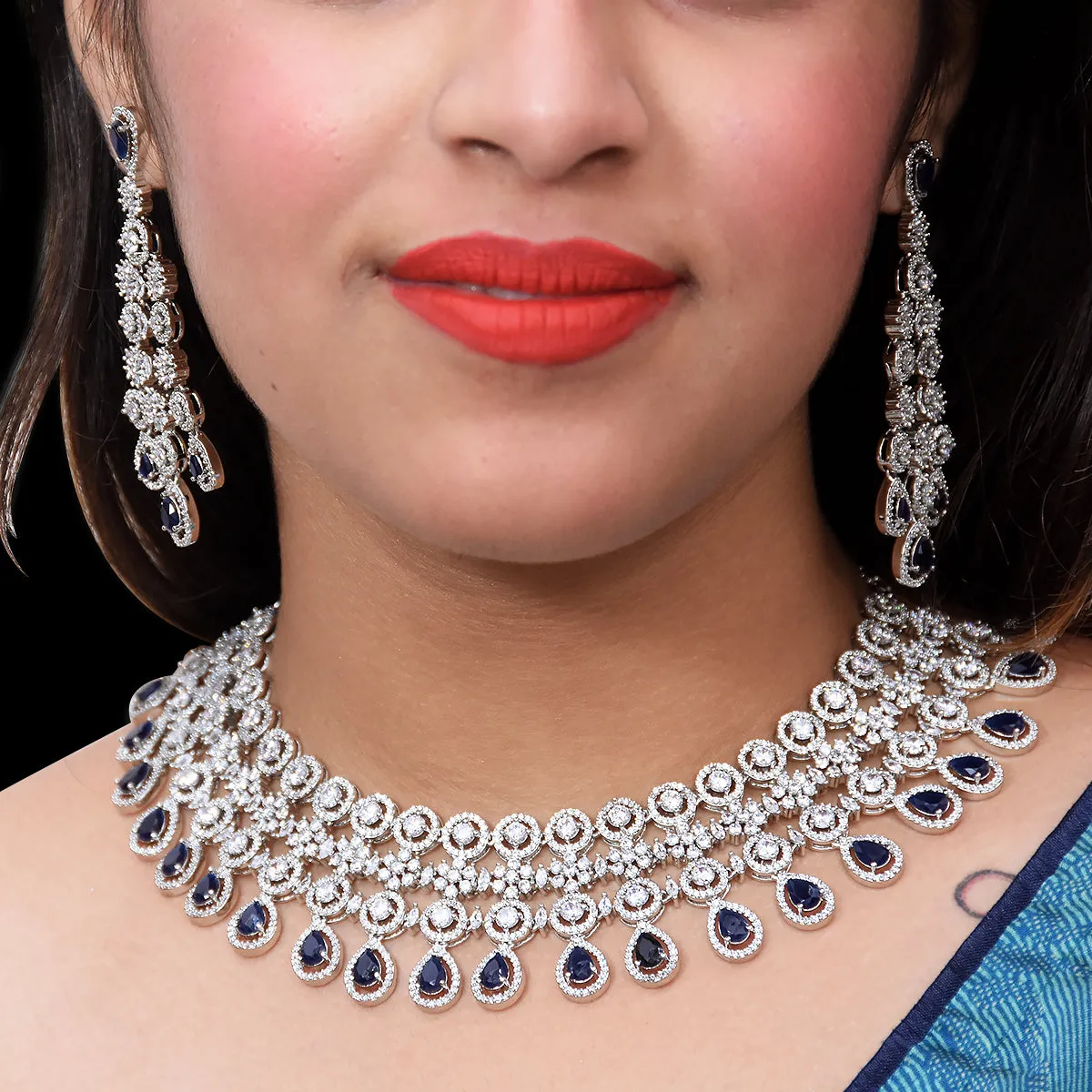 Designer Semi-Precious American Diamond & Blue Sapphire Necklace with Earrings (D463)