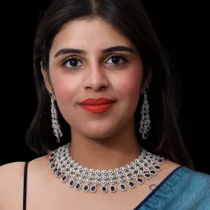 Designer Semi-Precious American Diamond & Blue Sapphire Necklace with Earrings (D463)