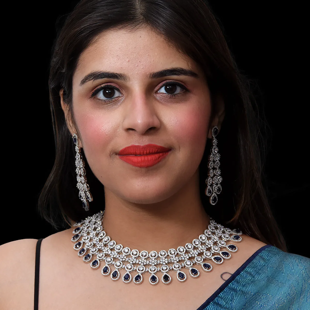 Designer Semi-Precious American Diamond & Blue Sapphire Necklace with Earrings (D463)