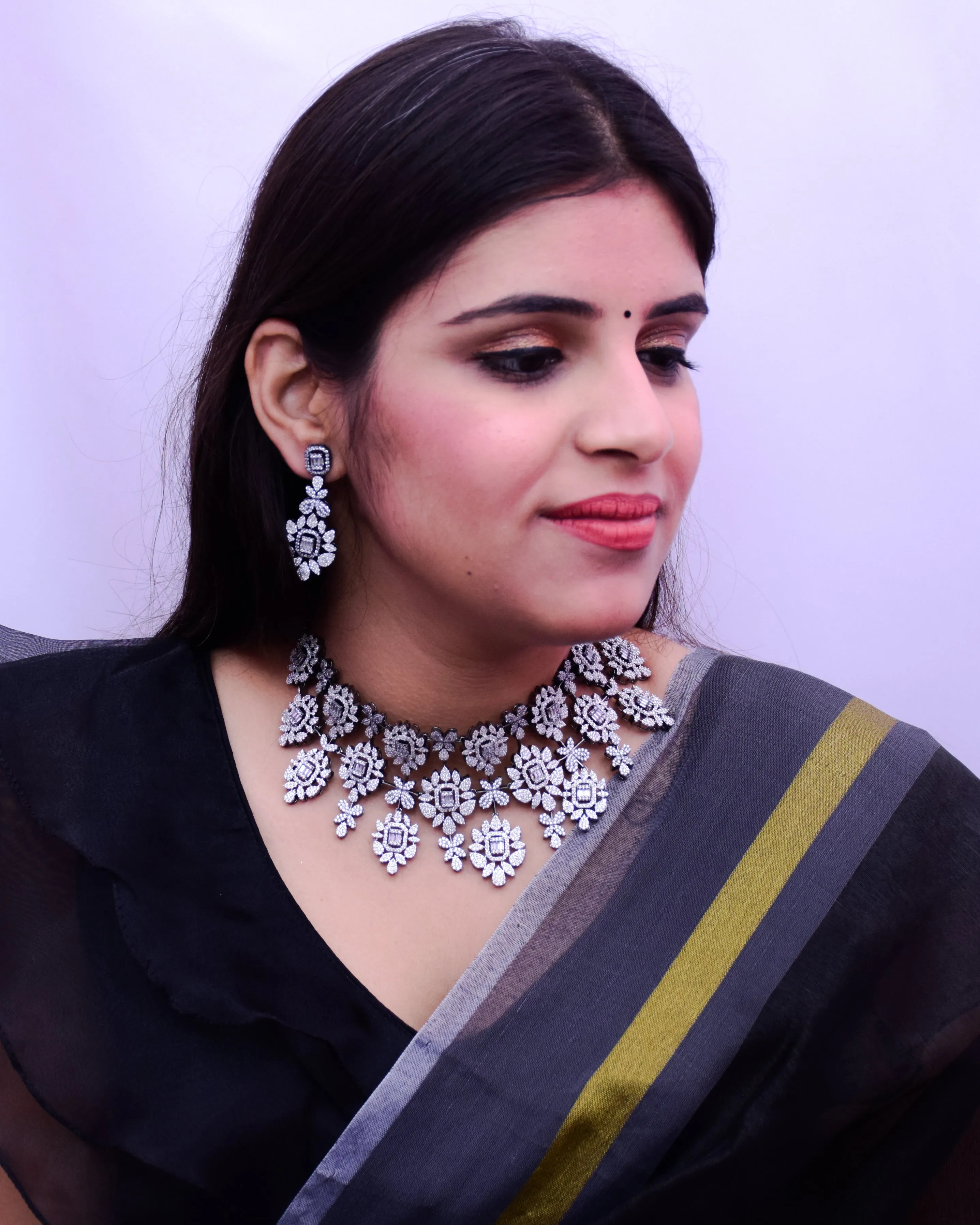 Designer Semi-Precious American Diamond & Necklace with Earrings (D680)