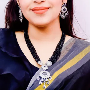 Designer Semi-Precious American Diamond Black Beads Necklace with Earrings (D619)