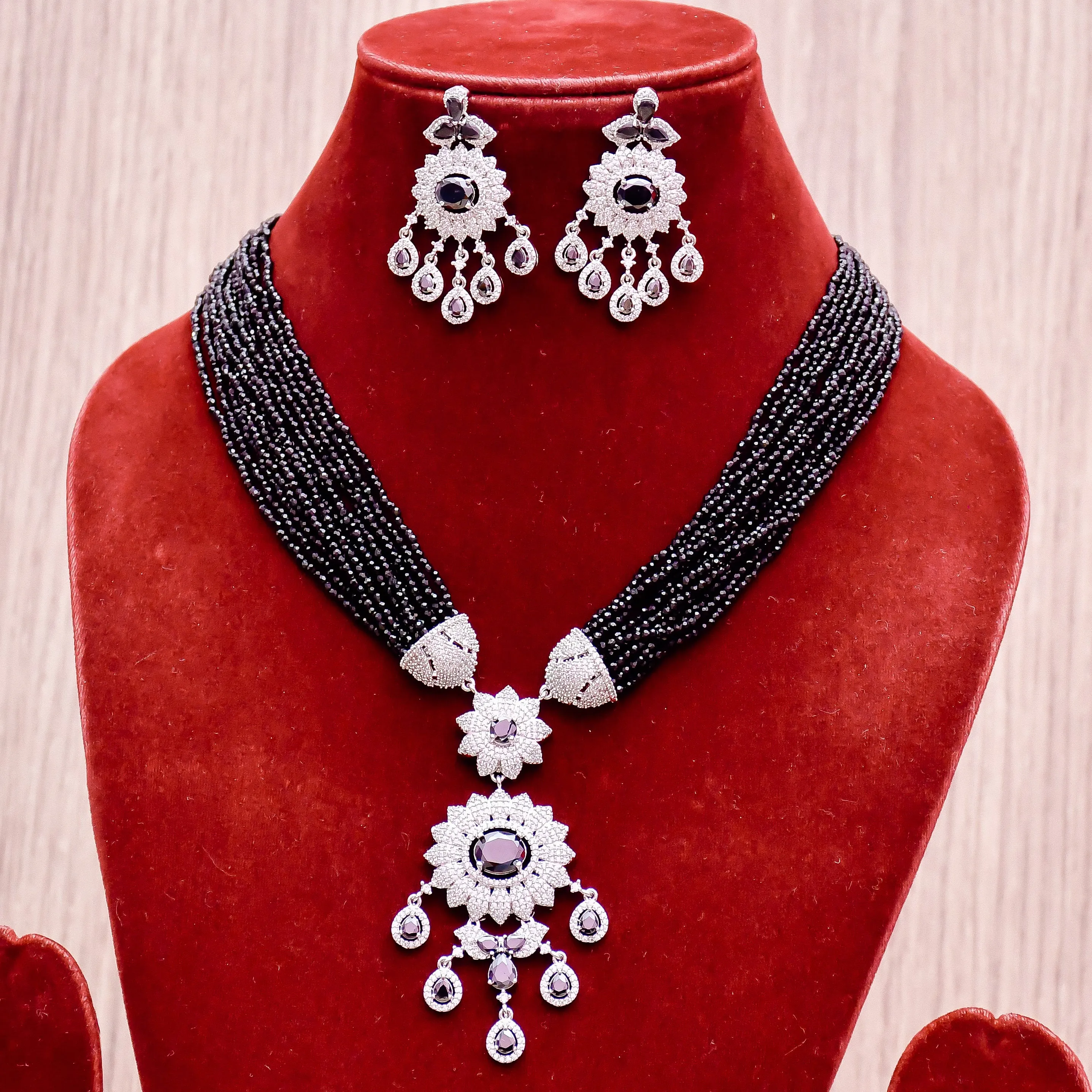 Designer Semi-Precious American Diamond Black Beads Necklace with Earrings (D619)