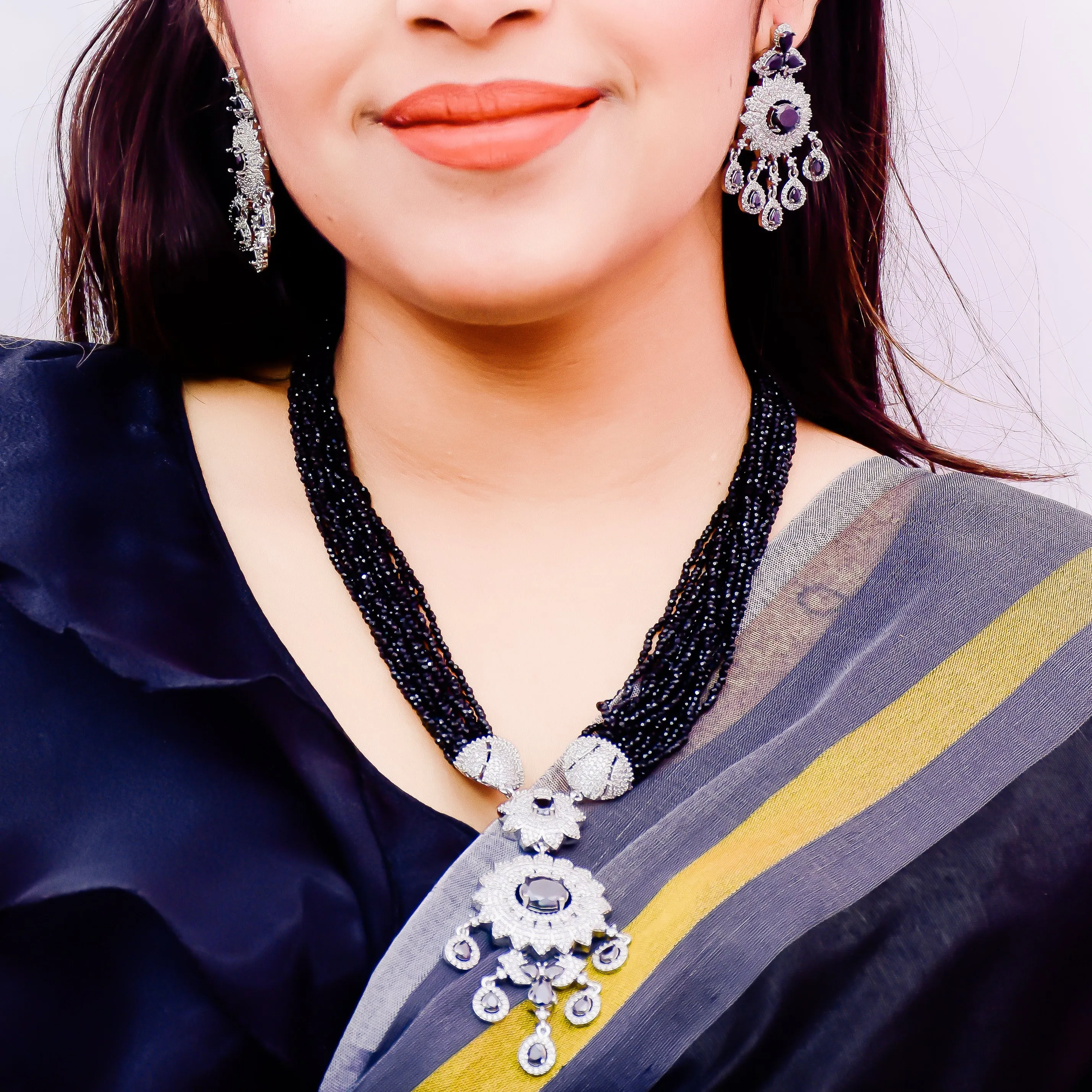 Designer Semi-Precious American Diamond Black Beads Necklace with Earrings (D619)