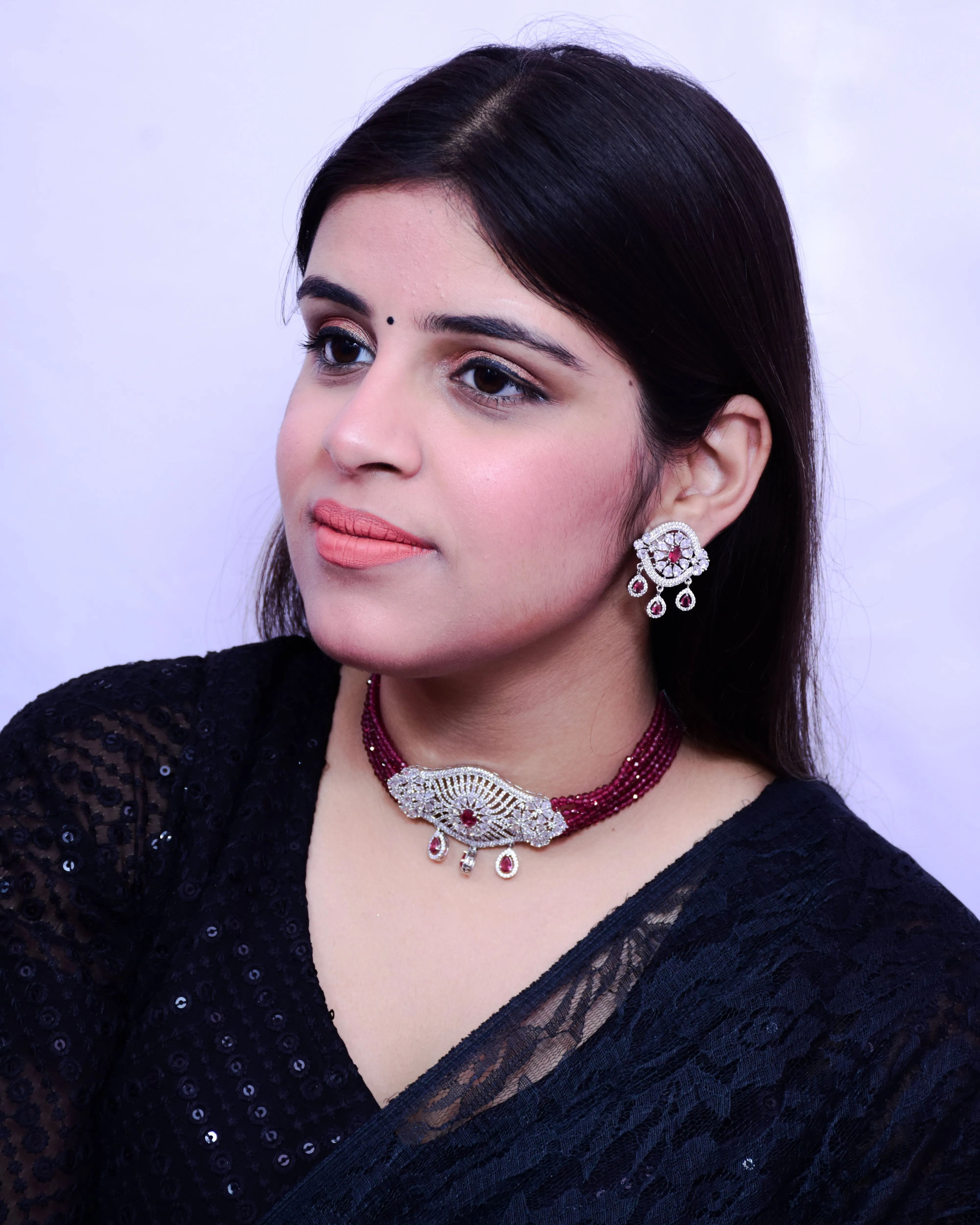 Designer Semi-Precious American Diamond Ruby Color Choker Style Necklace with Earrings (D695)