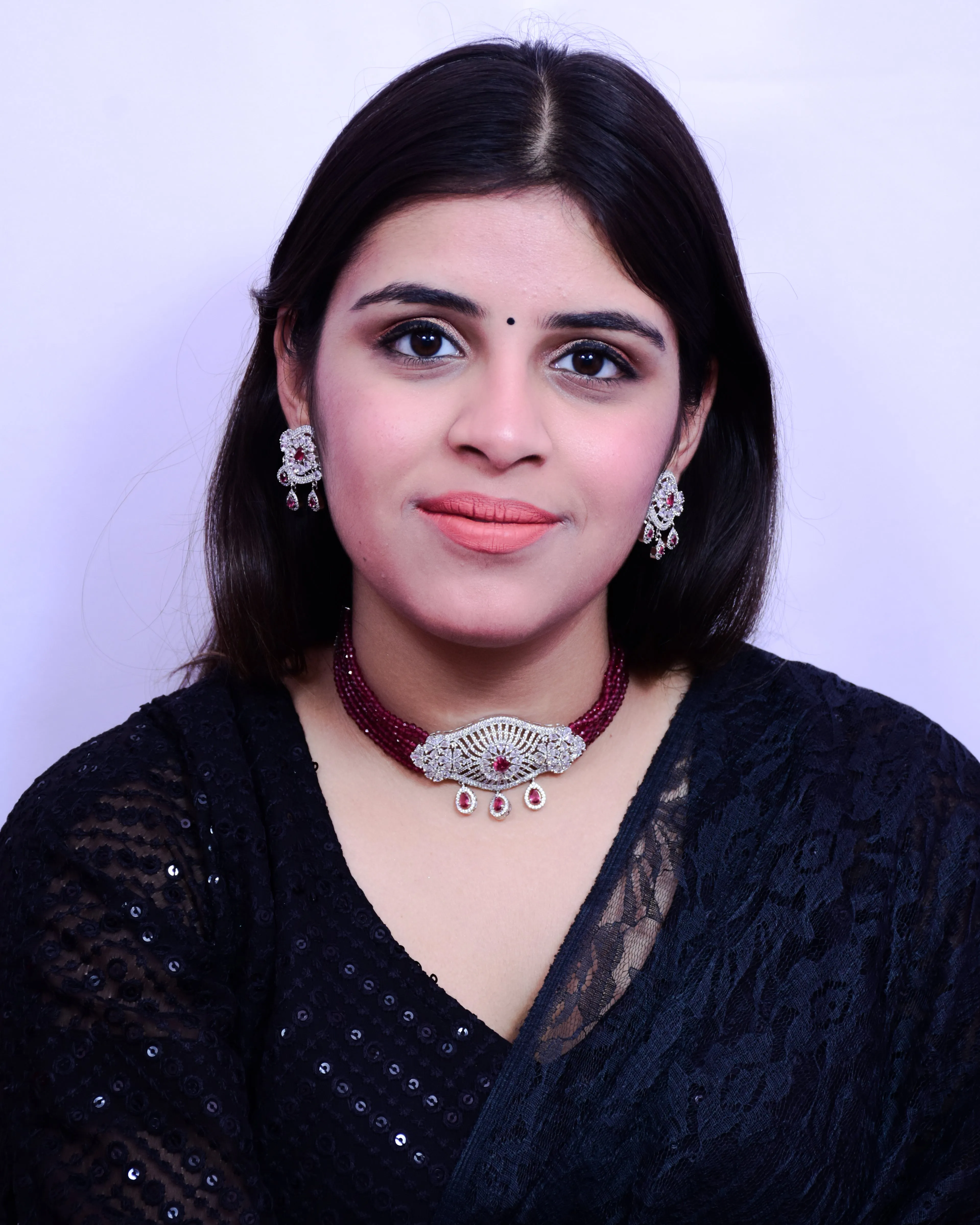 Designer Semi-Precious American Diamond Ruby Color Choker Style Necklace with Earrings (D695)