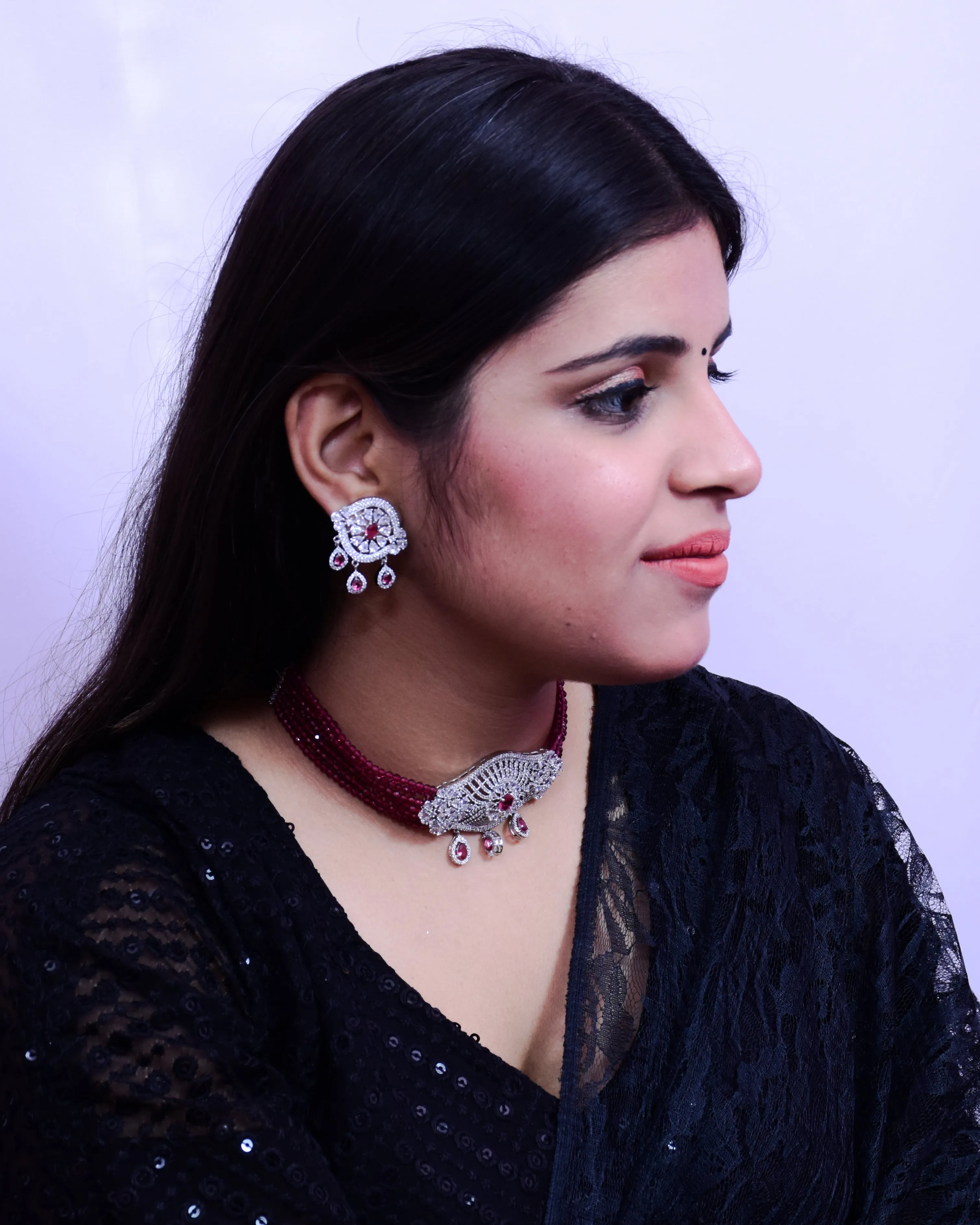 Designer Semi-Precious American Diamond Ruby Color Choker Style Necklace with Earrings (D695)