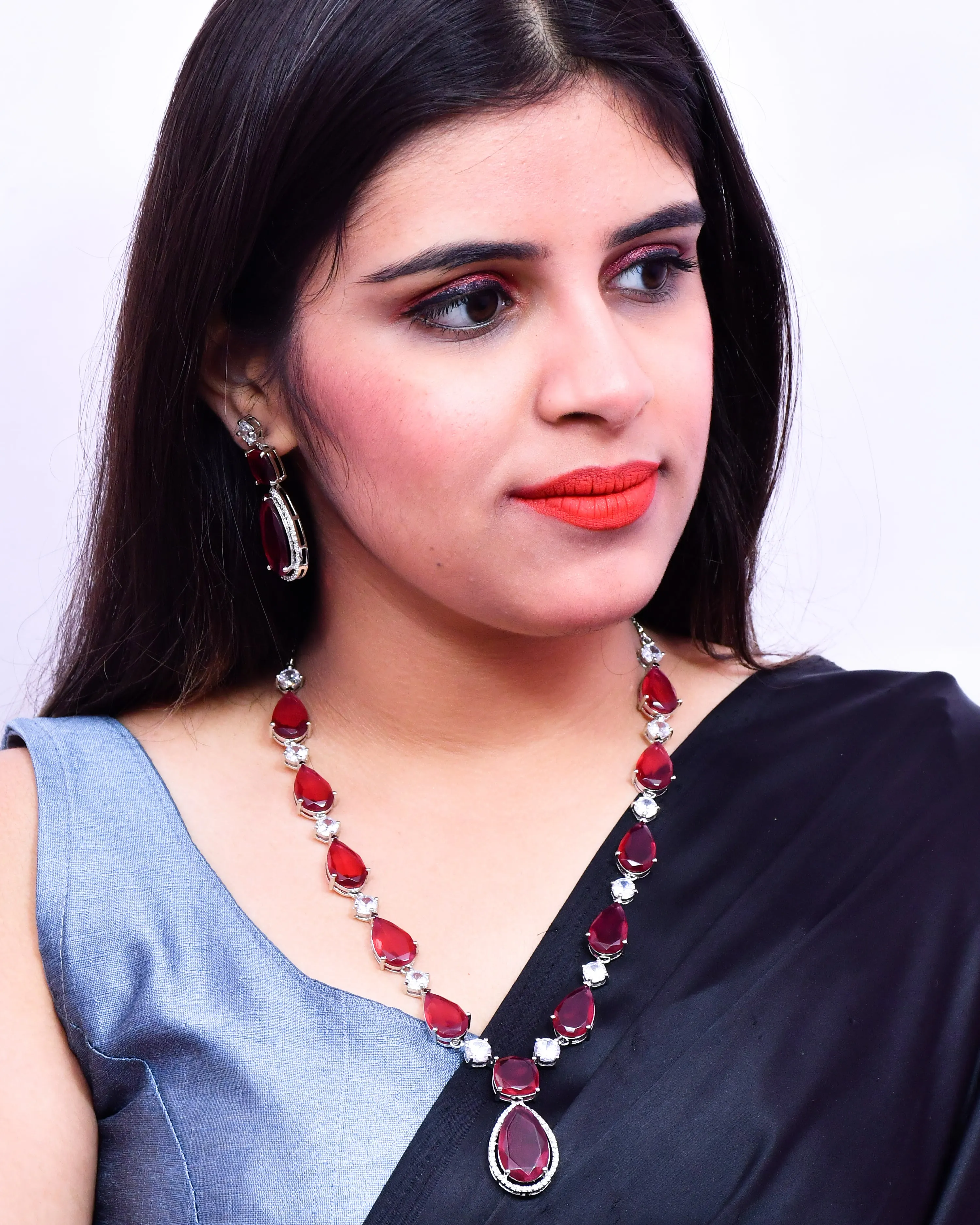 Designer Semi-Precious American Diamond Ruby Color Stone Necklace with Earrings (D629)