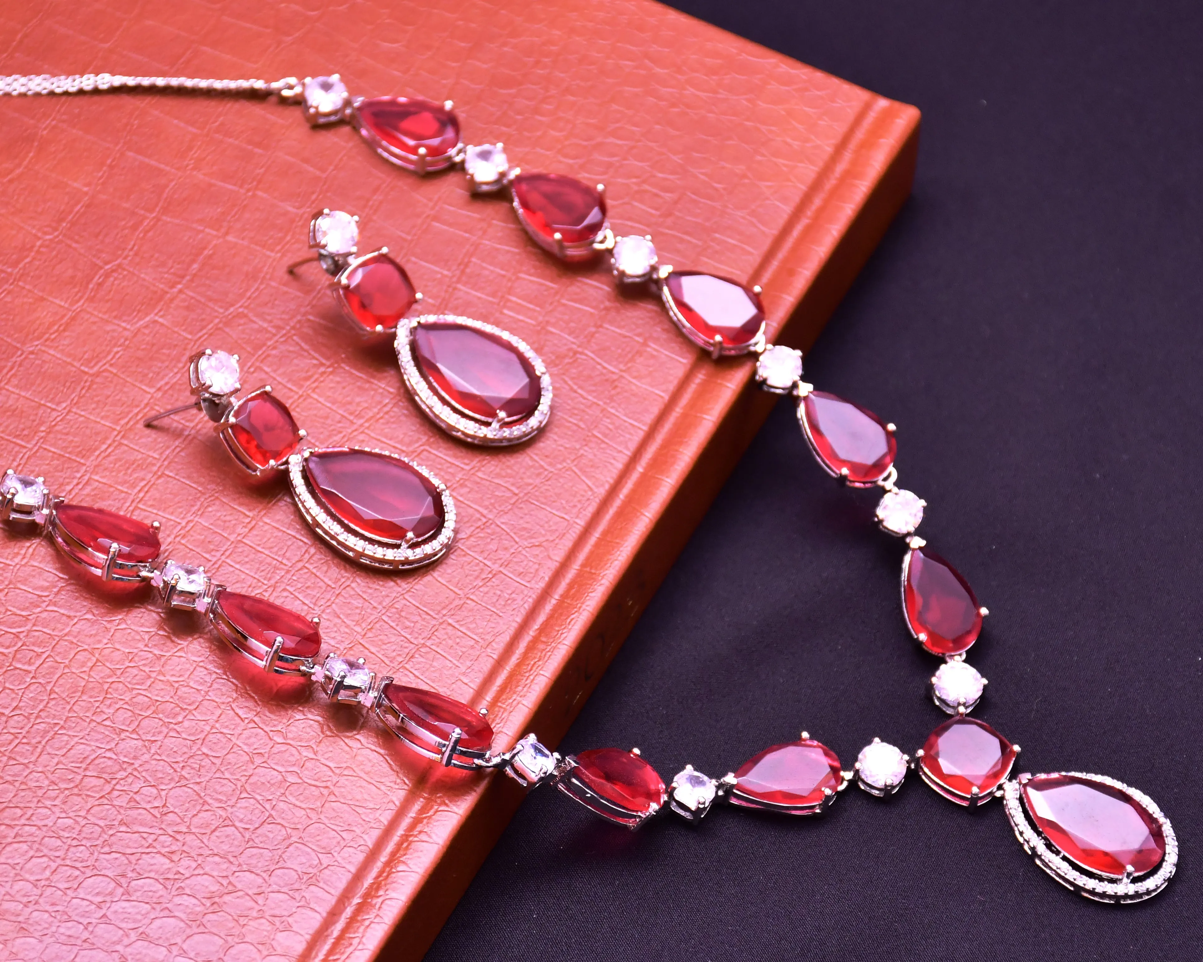 Designer Semi-Precious American Diamond Ruby Color Stone Necklace with Earrings (D629)