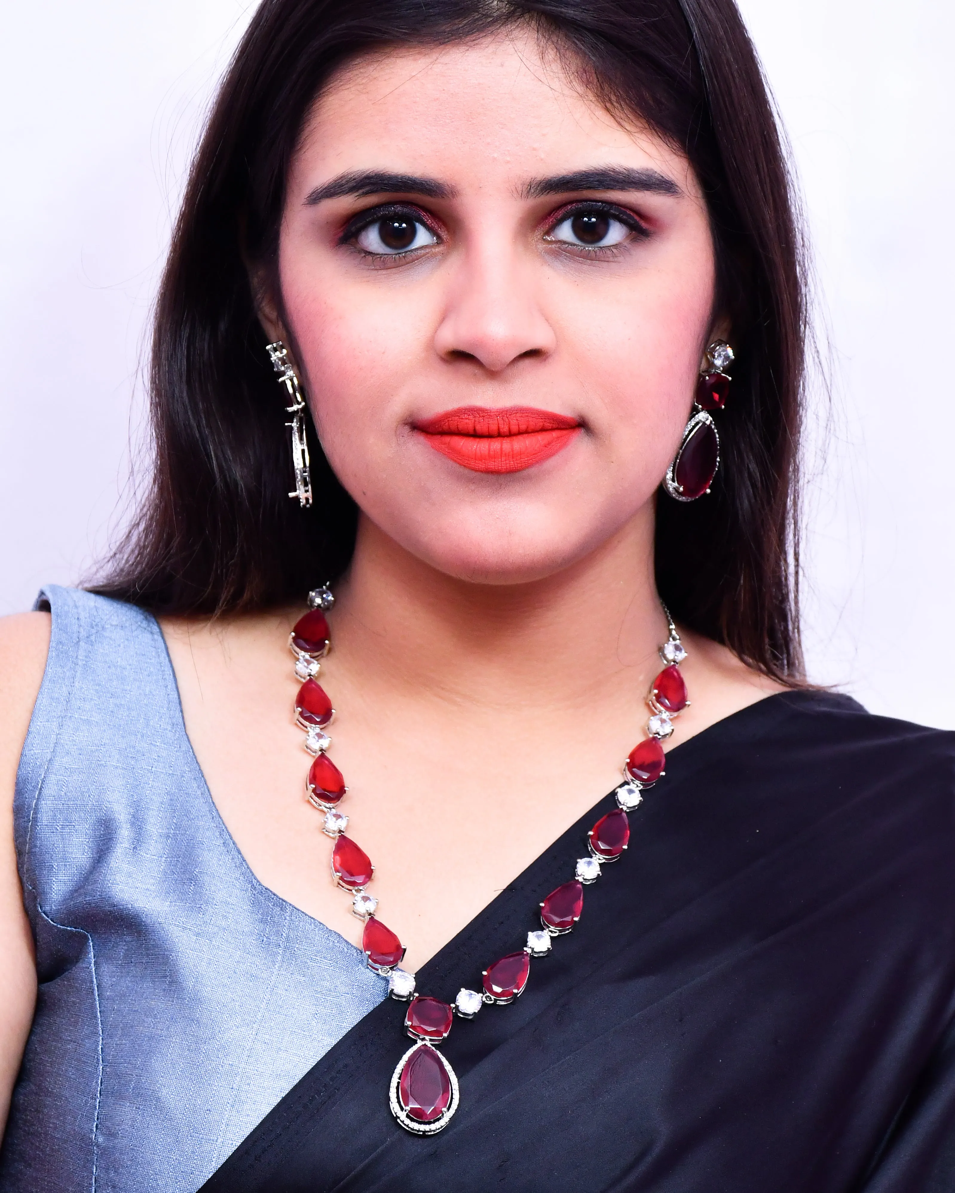 Designer Semi-Precious American Diamond Ruby Color Stone Necklace with Earrings (D629)