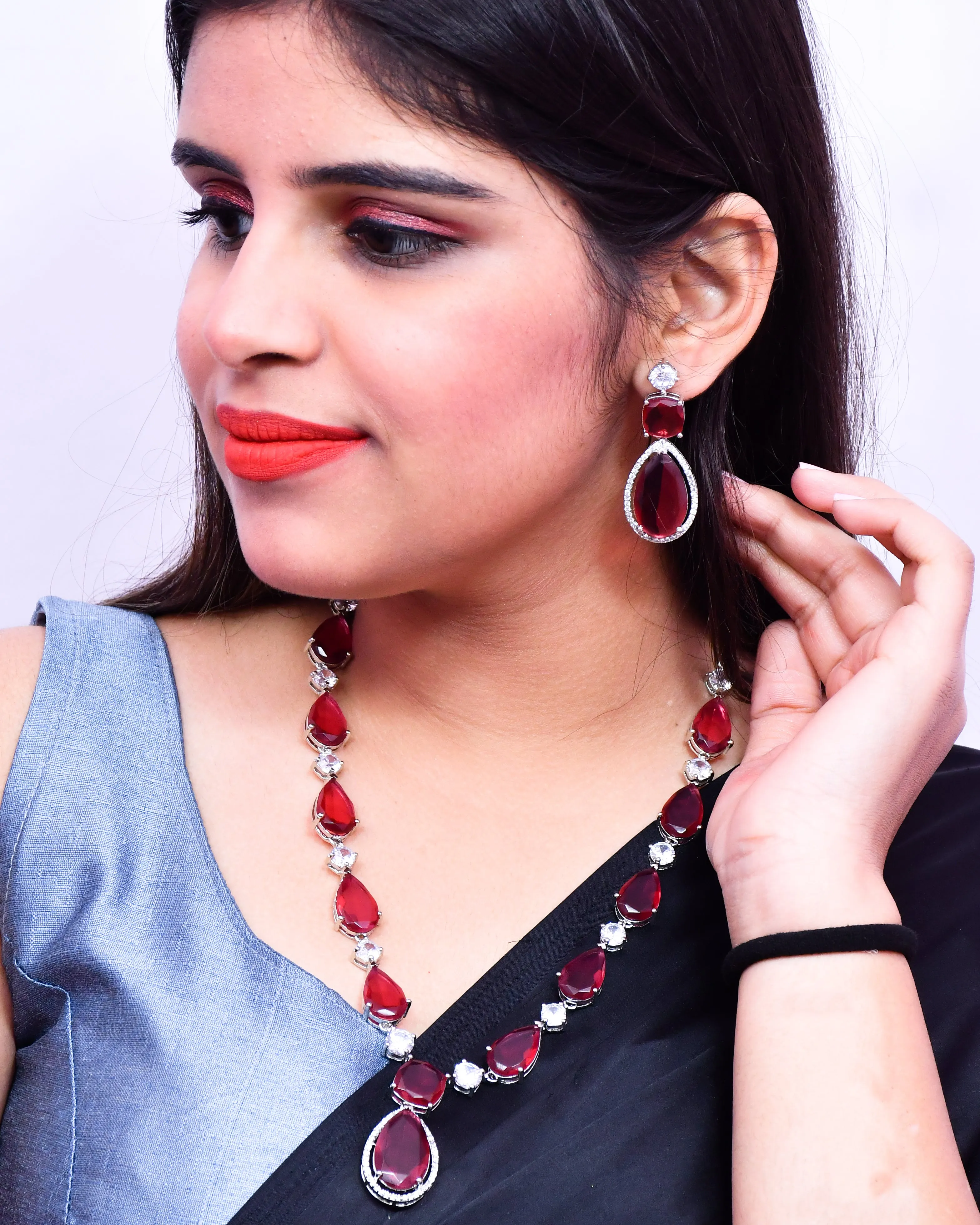 Designer Semi-Precious American Diamond Ruby Color Stone Necklace with Earrings (D629)