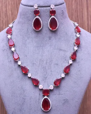 Designer Semi-Precious American Diamond Ruby Color Stone Necklace with Earrings (D629)