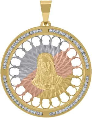 Diamond2Deal 10k Tri-Color Gold Cubic-Zirconia Textured Sacred Heart of Jesus Religious Charm Pendant for Mom